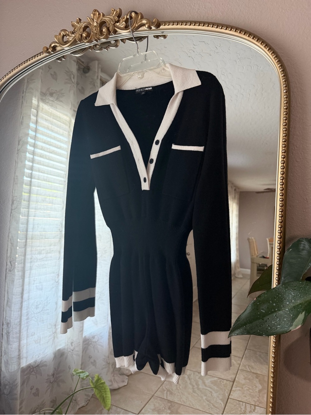 Windsor Black and Cream Long Sleeve Polo Knit Dress